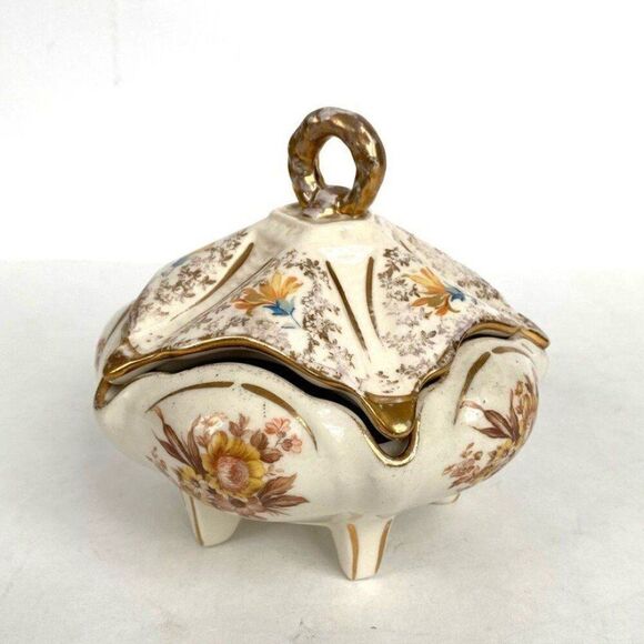 Vintage Porcelain Lidded Dresser Powder Box Candy Dish Footed Floral Gol… - Picture 3 of 10